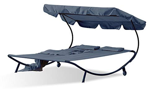 Concept-Usine | Tumbona para 2 Personas con Sombrilla Aloha | Tejido Oxford Gris | Cama de Jardín | 2 Almohadas Incluidas | Estructura de Acero | Resistente a Condiciones Meteorológicas Adversas