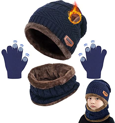 CheChury Enfants Bonnet Tricoté Écharpe Gants d'hiver Tour De Cou avec Double Polaire Chaud Écharpe et Chapeau pour Garçons et Filles, 3 Pièces,Taille unique,Bleu-Marine