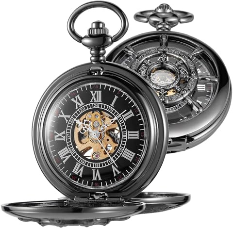 Whodoit Men's Mechanical Pocket Watch Black Rudder Pattern Double Open Hollow Roman Numerals Pocket Watch