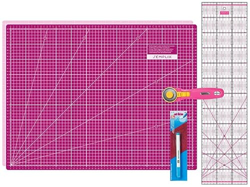 SEMPLIX Skärmattor set – skärunderlägg 60 x 45 cm (A2), rullskärare maxi, lapptäcke linjal + PRYM Aqua-trickmarkör (rosa/bär)