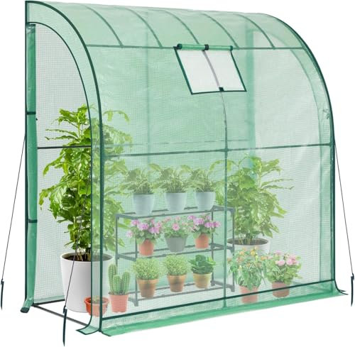 Taylor & Brown Walk-In Lean to Wall Greenhouse, Heavy Duty Garden Plant Grow House with 2 Zippered Roll-Up Doors, Mesh Window and PE Cover, Outdoor Tunnel Growhouse, L200 x W100 x H215cm (Green)