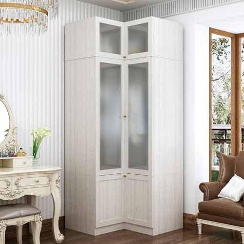 MOUMON 86.6 L-Shaped Corner Wardrobe with Frosted Glass Doors, Armoire Closet with Hanging Rod, Top Storage, Space-Saving, Light Oak 35.4”W x 35.4”D x 86.6”H