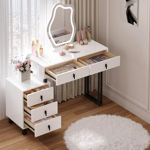 WOLTU Schminktisch mit Beleuchtung, unregelmäßiger Spiegel, einstellbare Helligkeit, Frisiertisch mit 5 Schubladen, Seitenregal Flexible Montage, Moderner Design, für Schlafzimmer, Holz Weiß Schwarz
