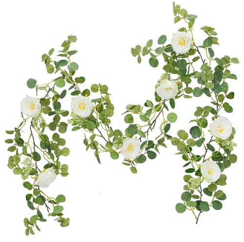 NIERBO Ghirlanda di rose artificiali, 2 m, con rose artificiali, in seta, con foglie verdi, per matrimonio, casa, decorazione (1, bianco)