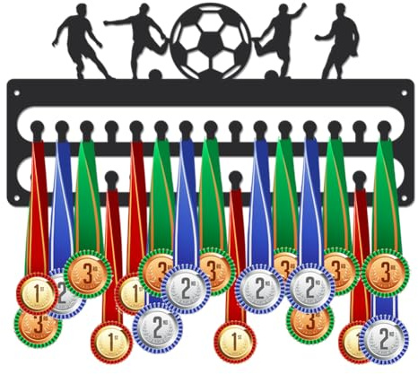 SUPERDANT Porta medallas de pared de fútbol expositor para medallas deportivas de hierro con 30 ganchos expositores de pared para medallas organizador de metal para regalos para atletas