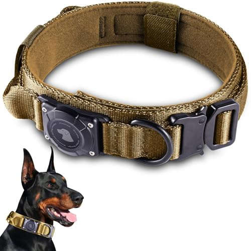 JIARUI Collare Tattico per Cani con Maniglia, Collare Airtag Cane, Regolabile Cani con Imbottitura e Fibbia in Metallo per cani di Taglia Media e Grande (Khaki, L(18-23))