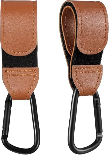 2 Pcs Pram Hook Clips, Leather Style Pushchair Hooks, Buggy Clips Carrier pram Hooks, Heavy Duty Stroller Hook Clips Buggy Clips, for Mommy Diaper Bag, Pushchair, Backpack, Shopping Grocery (Brown)