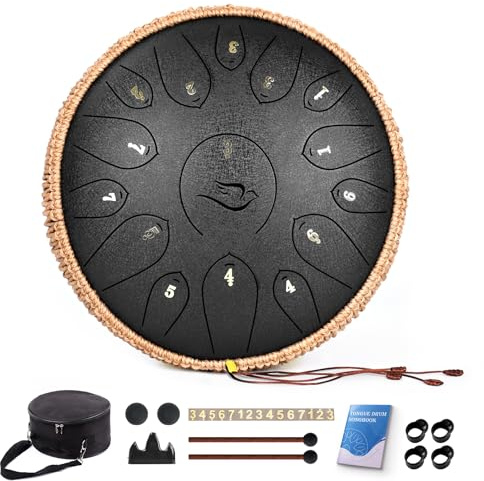Steel Tongue Drum, 12 Inch 15 Note Tongue Drums, Handpan Drums Percussion Instrument for Kids & Adults, Hand Pan Drum with Music Book, Drum Mallets and Carry Bag, Major C (Black)