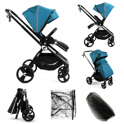 Kidnort Isbjörn Buggy Kinderwagen ab Geburt bis 22 kg – wendbarer Sitz, 360° Räder, Liegefunktion & Fußstütze, XXL Sonnenverdeck, Einhand-faltbar, inkl. Regenschutz, Moskitonetz & Fußsack, Blau