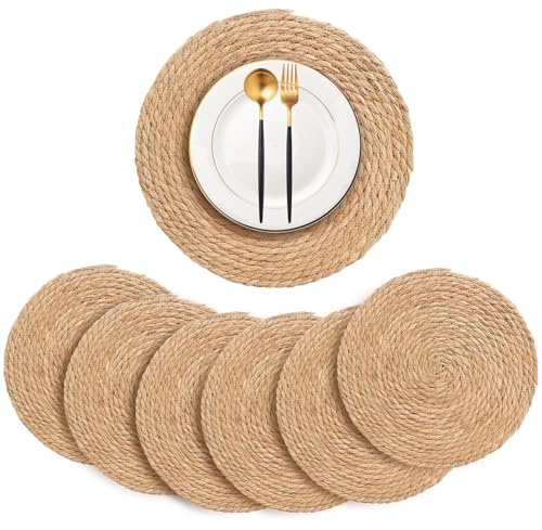 Set of 6 Round Woven Placemats - 30cm Rattan Placemats, Handmade Weave Cattail Placemat, Natural Straw Dining Table Mats Round Wicker Place Mats, for Dining Table Kitchen Restaurant Home Party