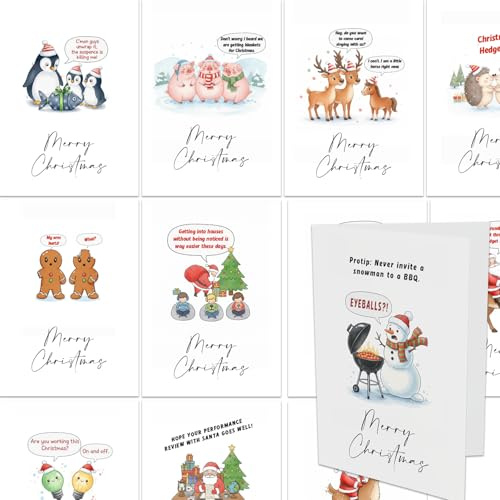 Funny Christmas Cards with Festive Jokes – Set of 28 Greeting Cards, 28 Different Designs – A6 Folded Cards with White Envelopes