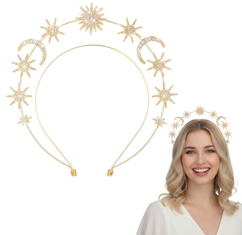 Tweruna Guld gloria pannband, kristallmåne stjärna halo-krona, guld strass gudinna krona huvudbonad, glittertiaror hårtillbehör för kvinnor brud bröllop cosplay fest