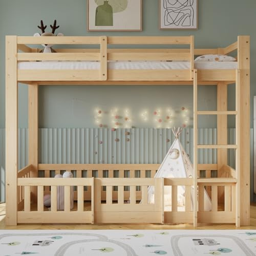 Yihomfy Lit Enfant, lit superposé Enfant, 90x200 cm, avec Espace de Rangement hydraulique, Style Chalet, avec fenêtre, barrière de sécurité, échelle Droite,sans Matelas (Natural-C, 90×200 CM)