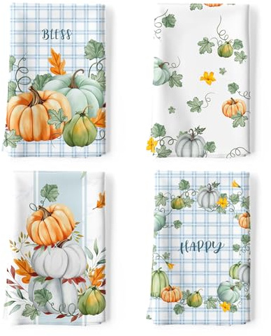 Arquiel Strofinacci Da Cucina Cotone Set Di 4, Panni Da Cucina In 100% Cotone Multiuso Morbidi E Assorbenti Strofinacci Canovaccio Cucina Strofinacci Da Bar(48 x 70CM, Zucche)