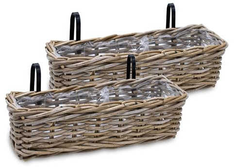 Spetebo Balkonglåda i rotting, natur, 44 x 17 cm – set om 2 – blommor, korgkorg med hållare – balkong, trädgård, blomlåda, blomkruka, blomkorg för upphängning på räcket