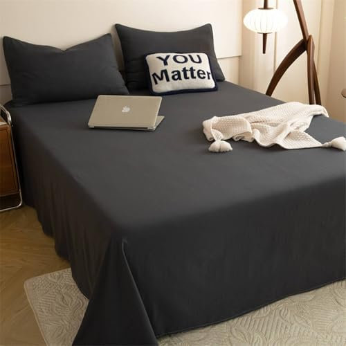 Mesnt Bettlaken ohne Gummizug, 120 x 230cm Chemiefaser Einfarbig Betttuch mit 2 Kopfkissenbezügen Matratzenschoner, Dunkelgrau