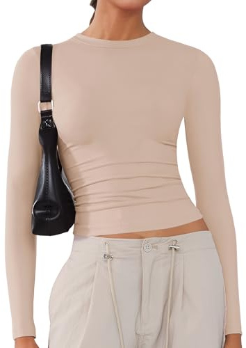 ARCFEETORY Women's Soft Long Sleeve Shirts Crew Neck Tops Basic Tees Stretchy Going Out Crop Tops Y2K Slim Fit T-Shirts Apricot S