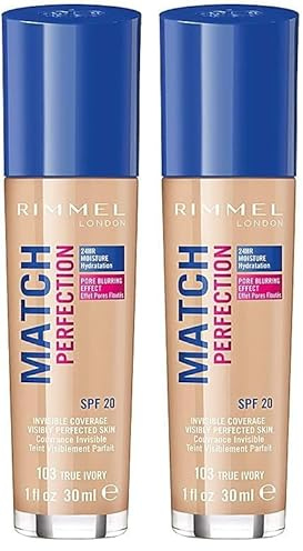 Rimmel London Match Perfection Foundation - Fondotinta Liquido Pelle Perfetta e Levigata No Effetto Maschera a Lunga Tenuta con SPF 20-103 True Ivory - 30 ml (Confezione da 2)