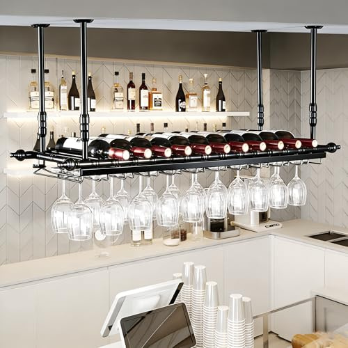 YTLEMON Soportes para Copas Colgante, Altura Ajustable Techo Botellero, Metal Porta Bottiglie da Vino Soporte de Copas Sostenedor para Barra Bar/Club/Armarios para Vino (BK, 120 * 30cm)