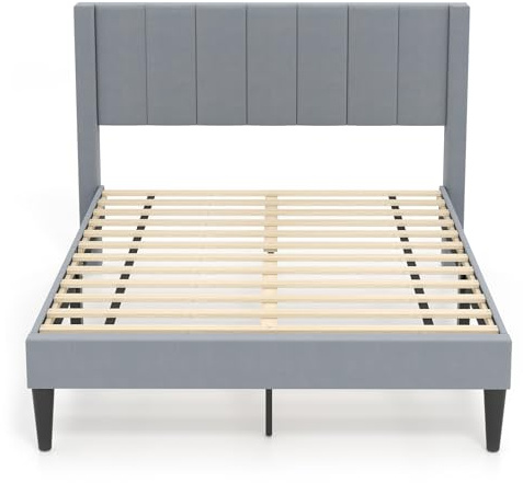 RELAX4LIFE Letto Matrimoniale 140x200 cm con Testiera Imbottita in Velluto Grigio, Struttura Letto con Doghe in Legno, Silenzioso, Carico 250kg, Senza Materasso (Grigio, Stile1)