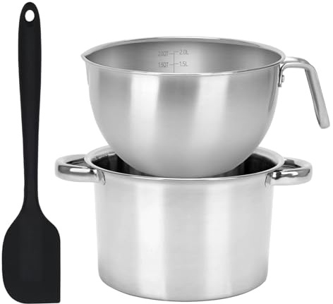 2pcs Double Boiler Pot Set, 2000ML/1.8QT Mixing Bowl with Scale 2800ML/ 2.54QT Stainless Steel Heating Pot with Silicone Spatula for Cheese Chocolate Candy Candle Soap Wax Melting (2000ML)