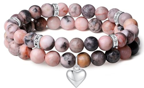 AWARDSEN 2 Pièces Zèbre Rose Bracelet Pierre Naturelle Rose Cristal 8mm Stretch Bracelet Perles Cadeau Pour Femme