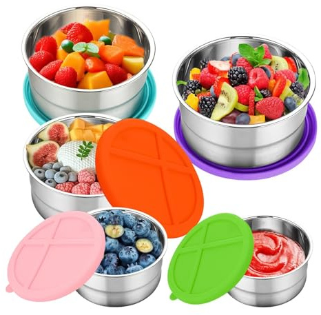 Generico Contenitore per Alimenti in Metallo - 5 Pezzi Portapranzo Riutilizzabili con Coperchi,Scodelle Circolari Impilabili Per Spuntini Cucina Pranzo Al Sacco Insalata Casa Scuola Ufficio Viaggio