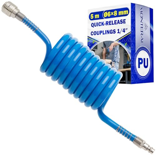 Tubo Aria Compressa 5 m Ø6x8 mm con Raccordi Rapidi da 1/4″ - Tubo Compressore Aria a Spirale Realizzato in Poliuretano PU - Garanzia di 10 Anni - MONTERALs
