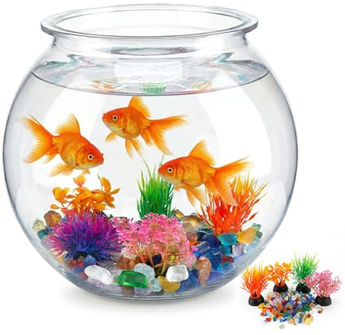 1 Gallon Clear Plastic Fish Bowl Set with 5 Plants and Colour Stones