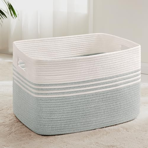 Grande cesto per biancheria intrecciato in corda di cotone, 86L, contenitore con maniglie, per coperte, abiti, giocattoli, cesto per cameretta o soggiorno, 60x40x36 cm, bianco e verde tenue