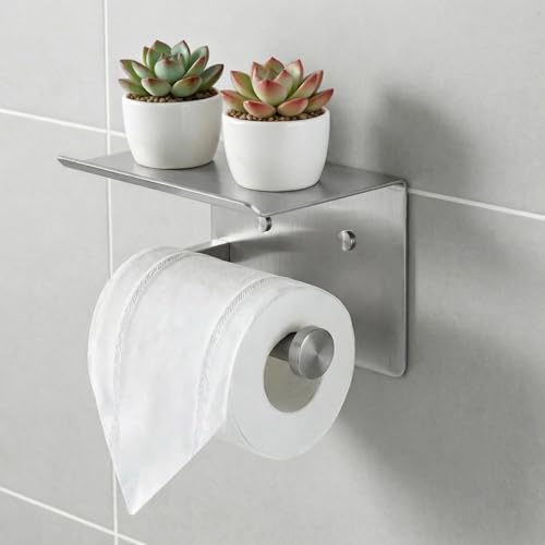 DIYZON Toilet Paper Holder with Shelf, Heavy-Duty Stainless Steel Bathroom Hardware, Self-Adhesive No-Drill/Drill-Mount Wall-Mounted Roll Holder, Rust-Proof Bathroom Tissue Rack (Brushed Nickel)