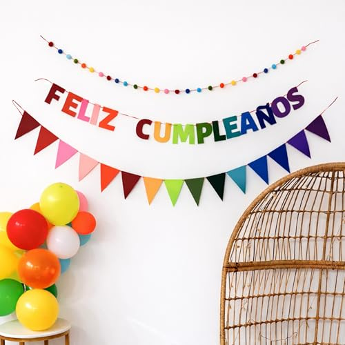 Kit Completo Decoración Feliz Cumpleaños con Globos en Español, Preensamblado, Pack: Guirnaldas, Banderines, Bolas de Pompón y Globos, Colores Versátiles, Set para Fiestas