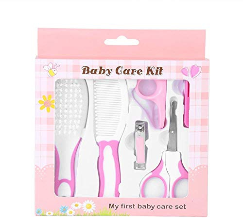 6 Pezzi Set per la Cura del Bambino, Pennello per Capelli, Pettine, Forbici per Unghie con Coperchio per Manico, Taglia Unghie con Copertura, per Viaggio, Asilo, Uso Domestico, (Rosa)