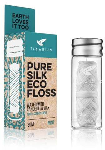 TreeBird Pure Silk Eco Floss | 33yd Silk Dental Floss Spool in a Refillable Glass Dispenser | Waxed with Candelilla Wax | Mint