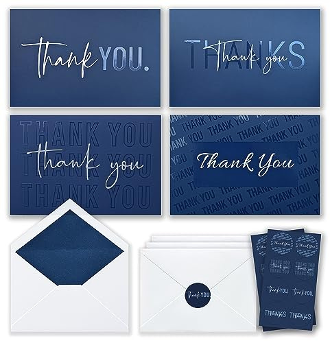 100 Thank You Cards with Envelopes and Stickers - 4 Unique Navy Blue Designs Bulk Blank Notes Luxury UV Printing for Business, Formal and All Occasions 4x6 Inch Blank Inside
