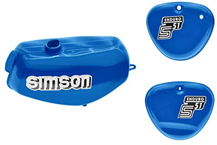 Set serbatoio con coperchio laterale S51E Enduro, blu medio, sigillato con adesivo Simson