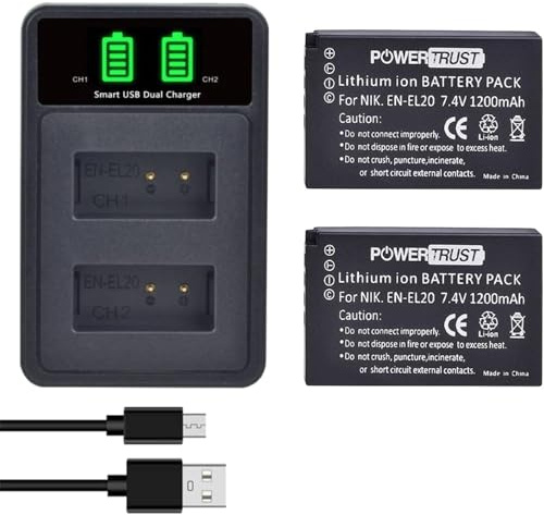 PowerTrust 2Pcs EN-EL20 EN-EL20a Akku 1200mAh mit Ladegerät für Nikon Coolpix P950,P1000,P1100,DL24-500,Coolpix A,1 AW1,1 J1,1 J2,1 J3,1 S1,1 V3 Kamera