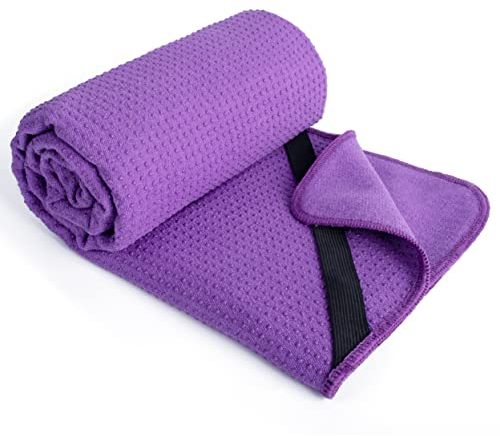 POLYTE Microfibre Hot Yoga Towel Mat with Non-Slip Silicone Grip and Secure Fit Elastic Straps, 61 x 183 cm (Purple)