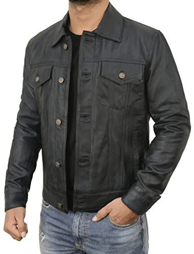 Veste de camionneur en cuir véritable pour homme - Col chemise, style cowboy occidental, veste en cuir de mode, 3XL