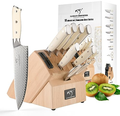 NANFANG BROTHERS Küchenmesser-Set, 10-Teiliges Damaststahl-Kochmesser-Set mit Block, VG10 Profi-Messerset mit Küchenschere, Messerschärfer, Küchenmesser in wunderschöner Geschenkbox