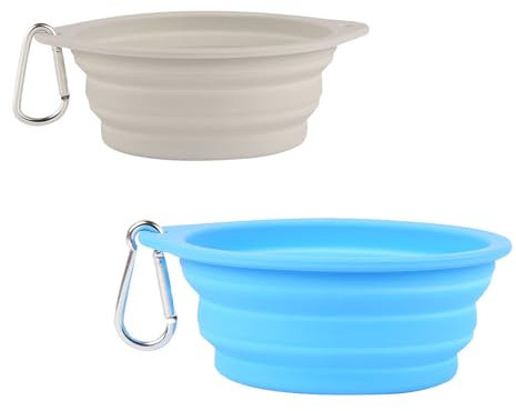 GIEEU Cuenco Plegable Portátil de 2 Piezas para Perros, Comedero y Bebedero para Mascotas, Cuenco de Silicona de Viaje para Mascotas (350ML, 600ML, Azul Celeste y Gris Claro)