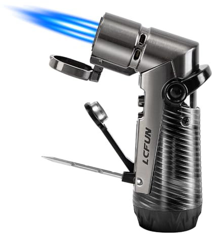 Cigar Torch Lighter Triple Jet with Punch and Drill Without Gas Fuel (Nickel Brushed)