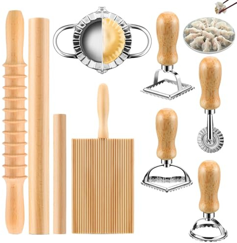 Nudelherstellungsset 9 Stück, Ravioli Maker Cutter Stempel Set, Pasta Nudel Ausstecher, Nudelschneider mit Walze, Teigformer Ausstechform, Pasta Maker Werkzeuge