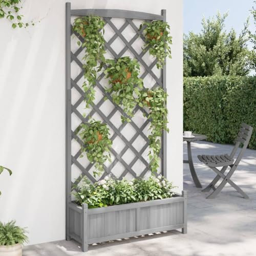 OHOOWOO Fioriera con Traliccio Grigia in Legno Massello di Abete,Fioriera in Legno Massello con Traliccio per Piante Rampicanti, Giardino e Terrazzo Vasi e accessori per piante