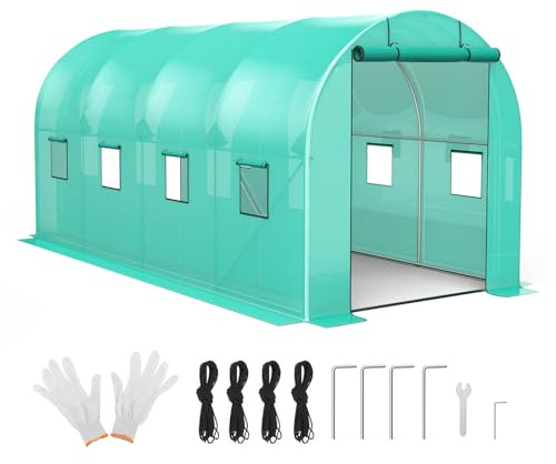 Invernadero, 210 x 450 x 210 cm, con base de acero, 2 puertas y 8 ventanas, túnel de lámina de acero galvanizado con anclaje de tierra y lámina protectora de rejilla reforzada, resistente al invierno