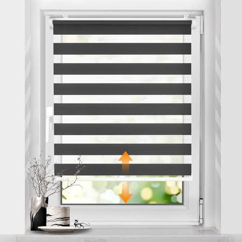 SBARTAR Doppelrollo schnurlos Klemmfix Rollos für Fenster ohne Bohren & zum Bohren, Anthrazit B70 x H140 cm (Stoffbreite 70 cm), Drücken Und Ziehen Springrollos, Lichtdurchlässig Blickdicht