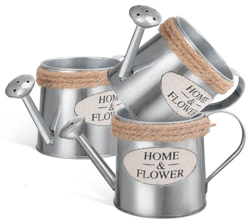 PAMINGONO Juego de 3 Mini Regaderas Decorativas de Hierro Rústico con Cuerda de Yute, Macetas Metálicas para Decoración de Interiores y Arreglos de Plantas, Jarra Decorativa para Mesa,