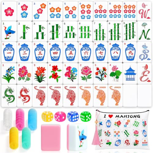 Mahjong Tile Set, 168 Mahjongs Game Set with 4 Dice and Carrying Travel Bag