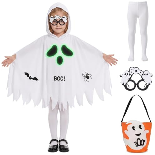 YCDKK 4 Pièces Deguisement Halloween Enfant, Ensemble Costume Déguisement Fantome Fille Garçon, Cape Lumineuse pour Terrifier avec Sac Citrouille, Lunettes et Chaussettes
