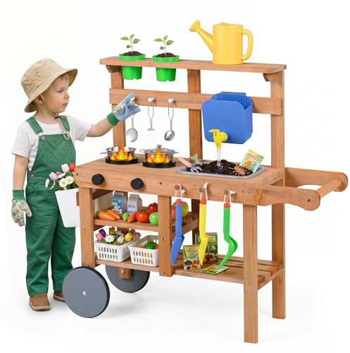 COSTWAY Cuisine Extérieure Enfant Mobile avec Évier et Réservoir d'eau